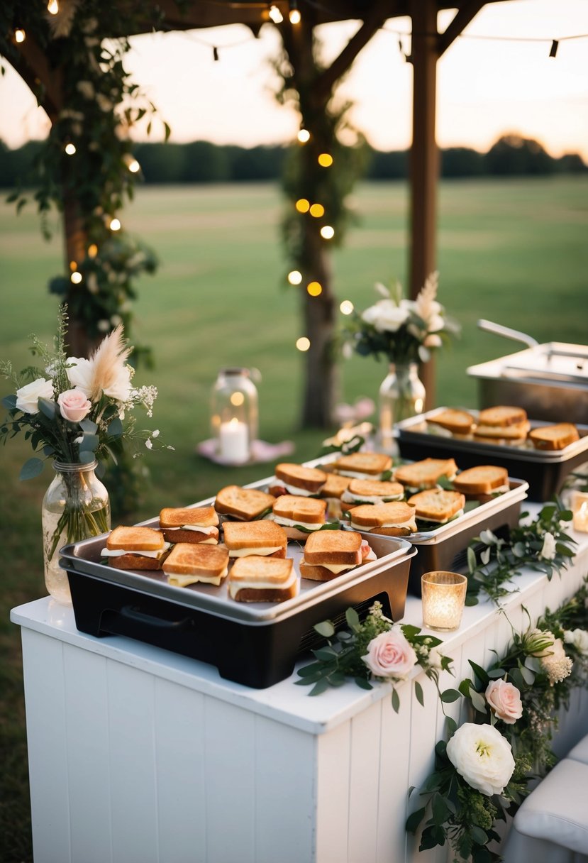 A rustic, outdoor wedding reception with a food station serving gourmet grilled cheese sandwiches. Twinkling lights and floral decorations create a cozy and budget-friendly atmosphere