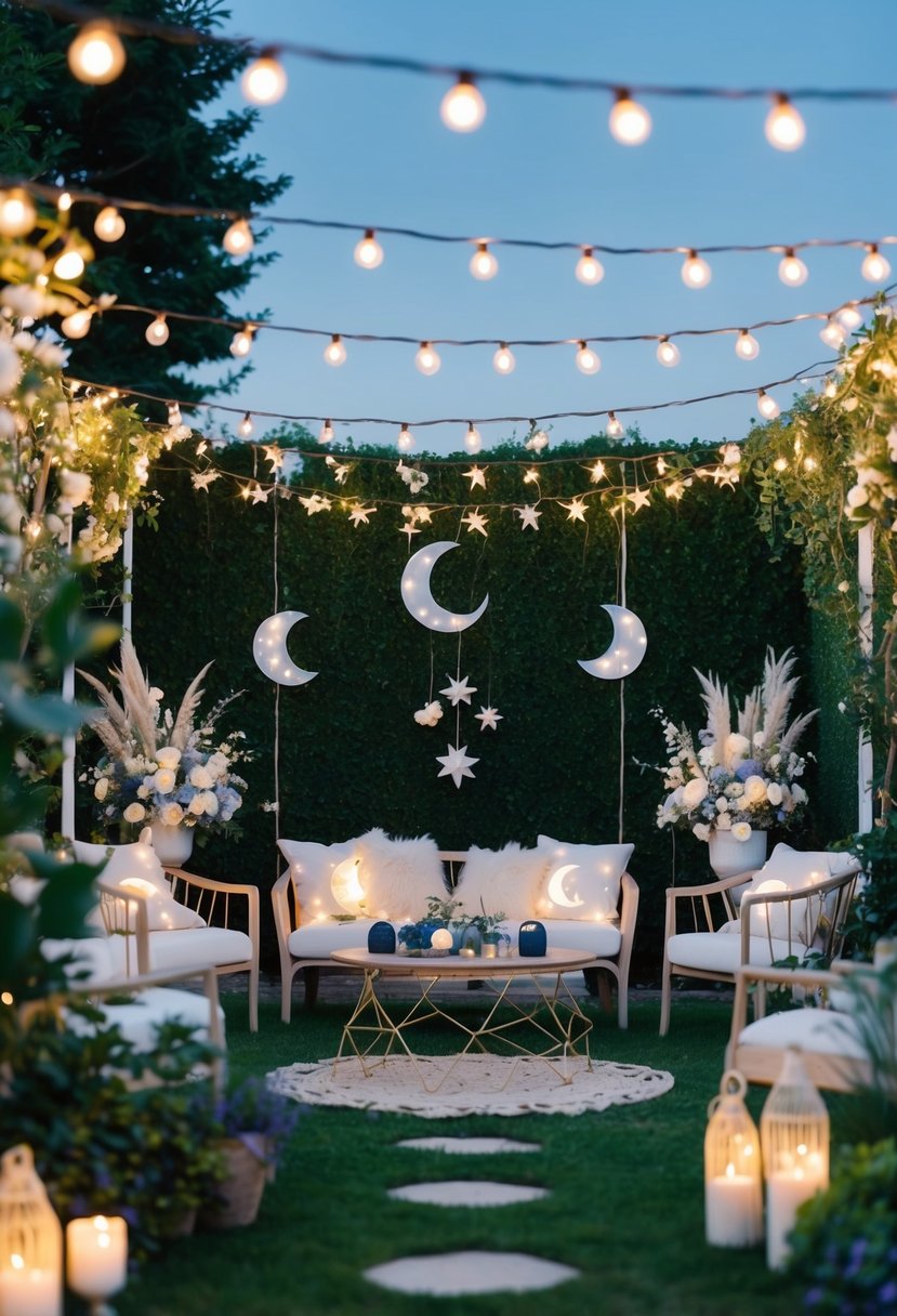 A garden adorned with celestial-themed decor, featuring twinkling string lights, moon and star motifs, and ethereal floral arrangements