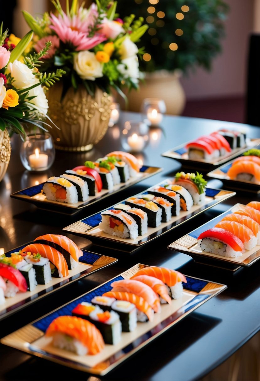 A table adorned with an array of colorful sushi rolls, neatly arranged on elegant platters, surrounded by decorative floral centerpieces