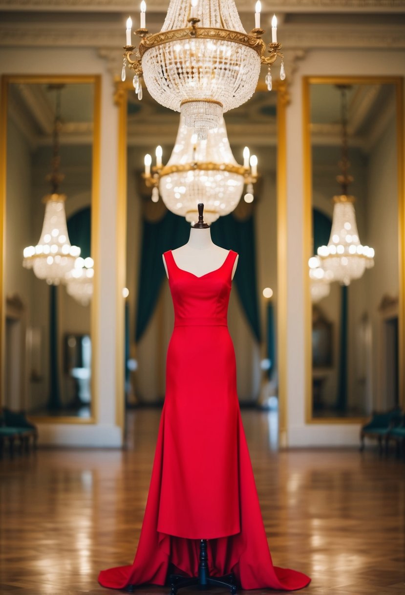 A red empire style dress displayed on a mannequin in a grand ballroom with ornate chandeliers and gold-trimmed mirrors