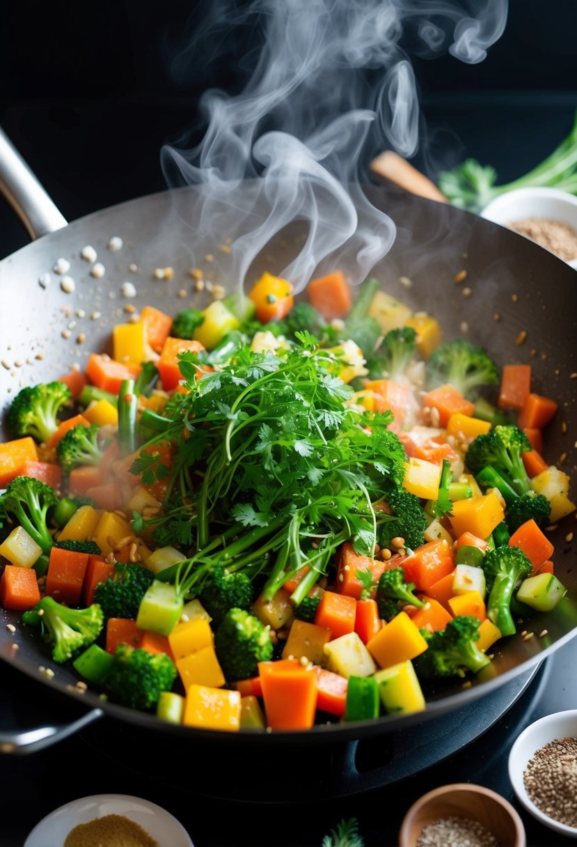 A colorful array of fresh vegetables sizzling in a wok, surrounded by aromatic herbs and spices, as steam rises from the stir fry