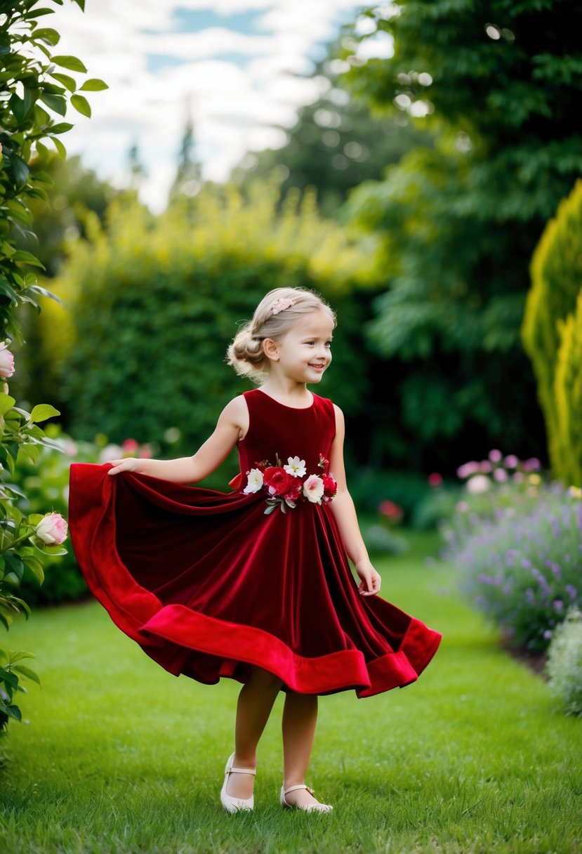 A young girl twirls in a lush garden wearing a vibrant red velvet dress adorned with flowers, the fabric flowing gracefully around her