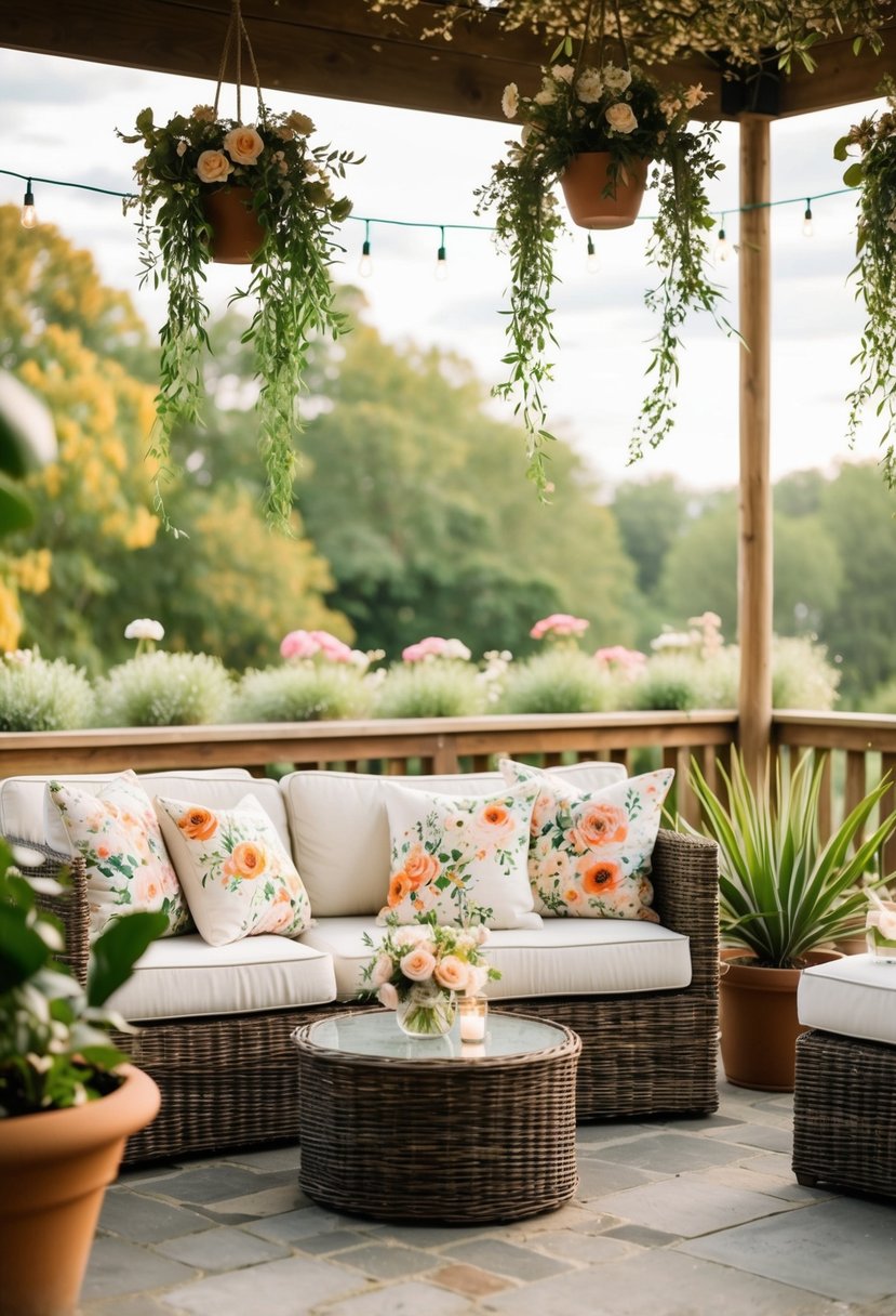 A cozy lounge area with floral-printed cushions, hanging greenery, and potted plants, creating a garden-inspired atmosphere for a wedding