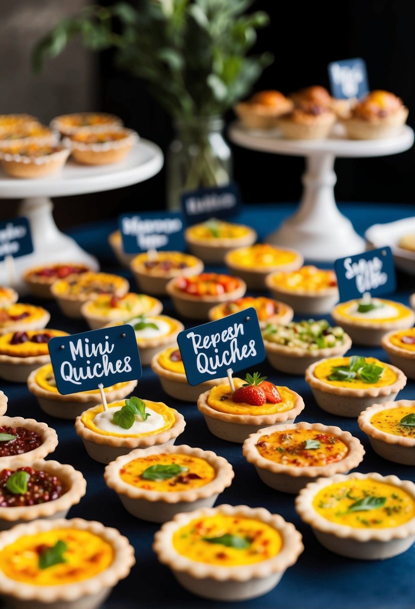 A table filled with an assortment of mini quiches in various flavors and toppings, accompanied by small decorative signs indicating the different options