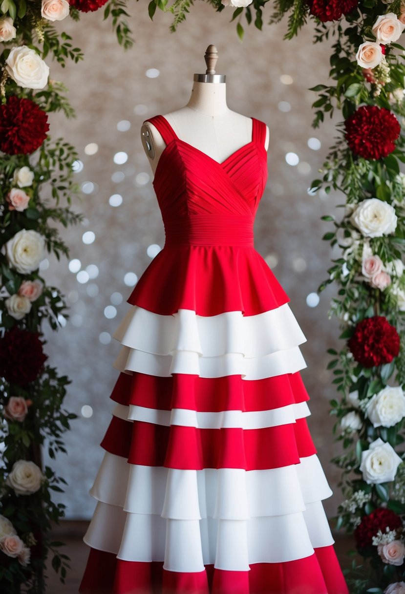 A red and white layered dress on a mannequin, surrounded by floral decorations