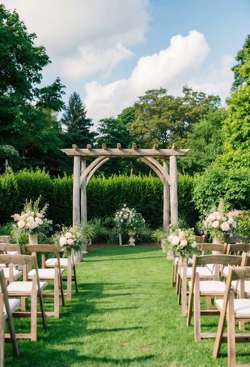 A serene garden setting with rustic wooden arches and lush greenery, ideal for a romantic wedding ceremony