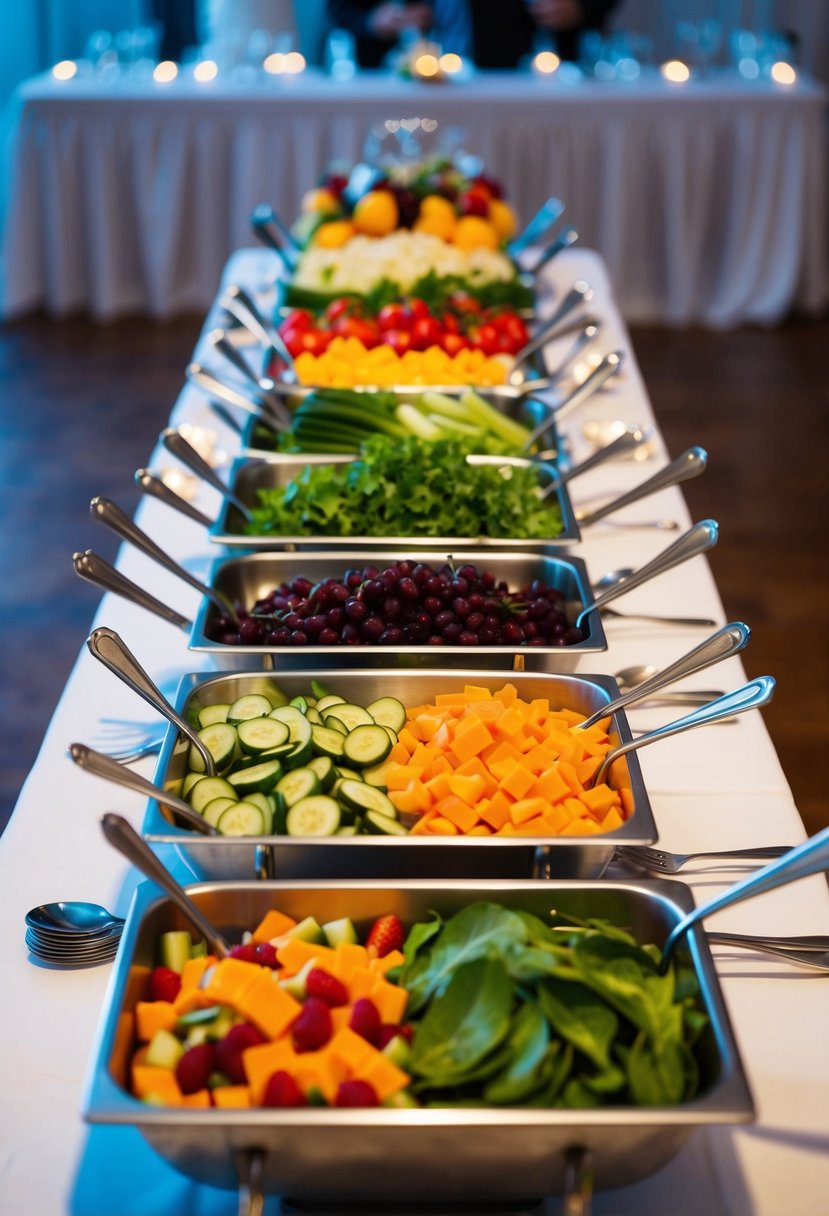 A colorful salad bar with various fresh vegetables, fruits, and toppings displayed on a long table at a wedding reception