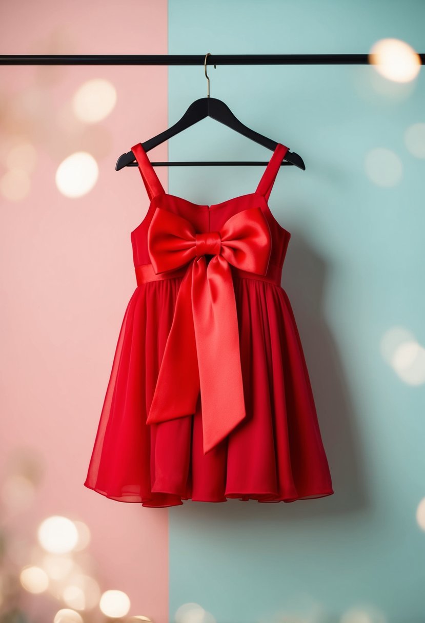 A bright red chiffon dress with a large bow, hanging on a hanger against a soft pastel background