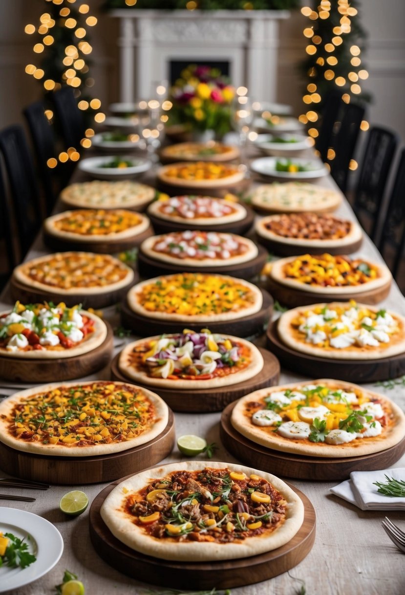 A variety of flatbreads spread out on rustic wooden boards, adorned with colorful and flavorful toppings, set against a backdrop of elegant table settings and twinkling lights