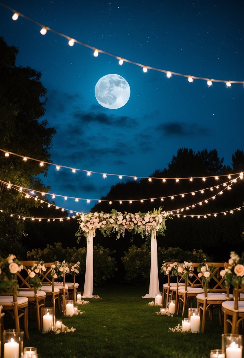 A moonlit garden ceremony with twinkling lights, blooming flowers, and a canopy of stars overhead