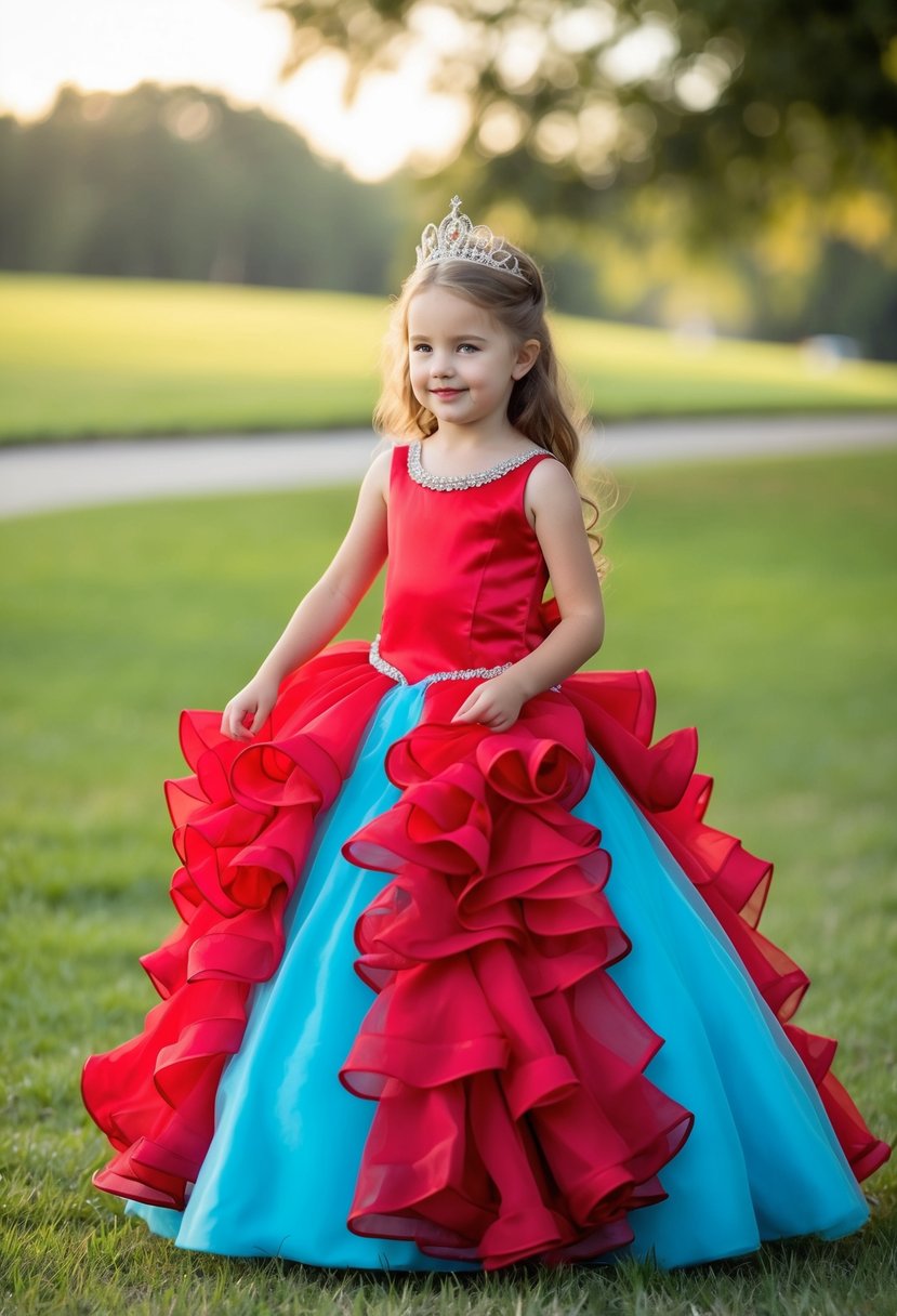 A young girl twirls in a vibrant red ball gown with cascading ruffles, imagining herself as a princess on her special day