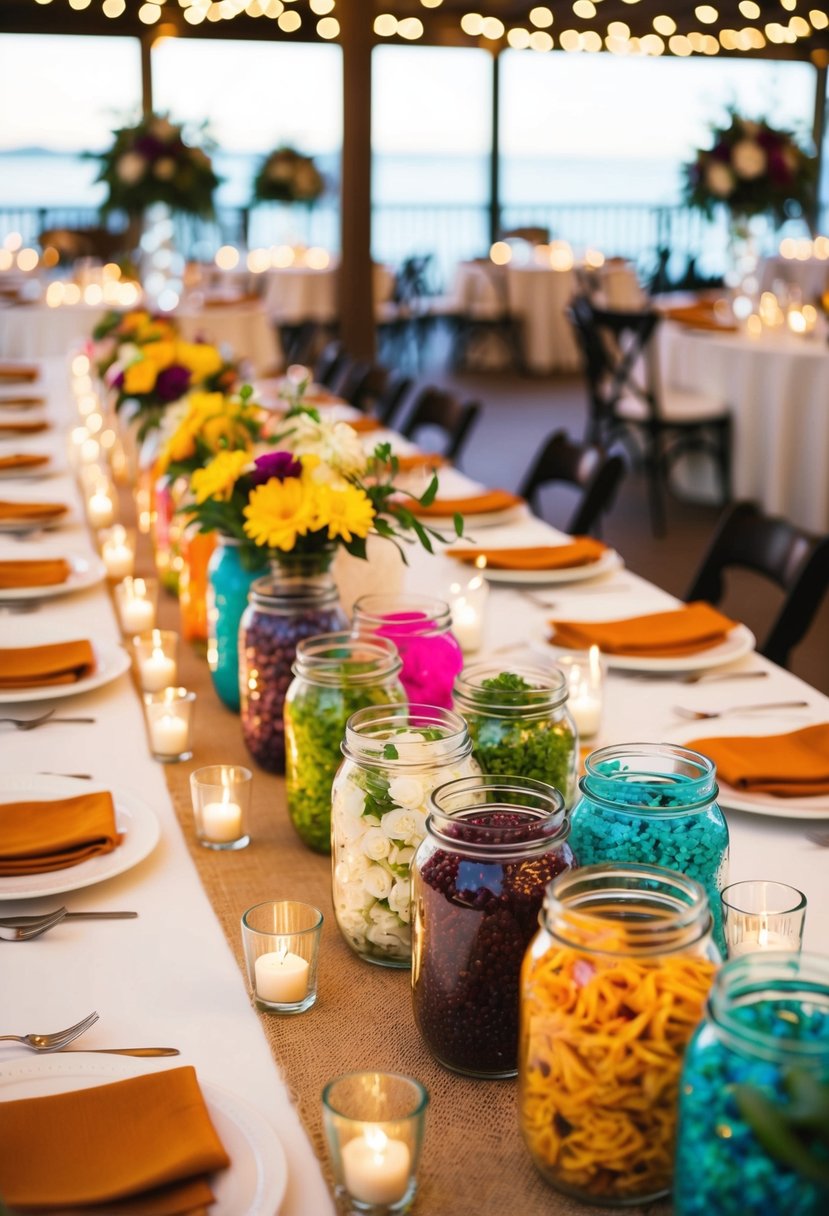 A table lined with colorful DIY Salad Jars, surrounded by twinkling lights and floral centerpieces at a budget-friendly wedding reception