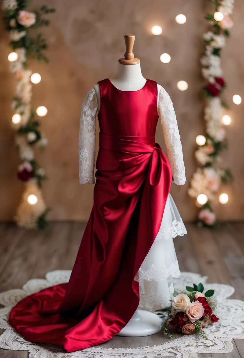 A red satin gown draped over a child-sized mannequin, surrounded by delicate lace and floral accents