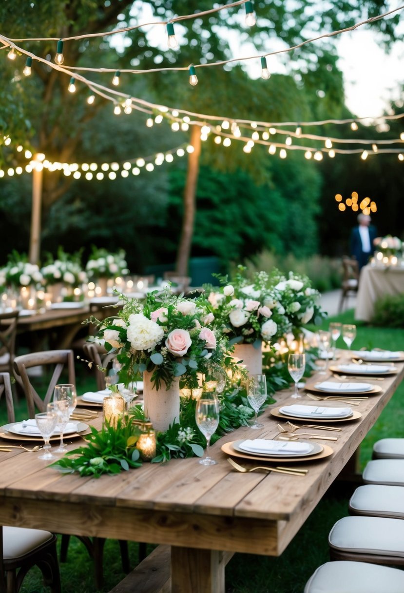 Lush floral centerpieces adorn rustic wooden tables at a garden wedding reception. Twinkling lights and greenery create a magical ambiance