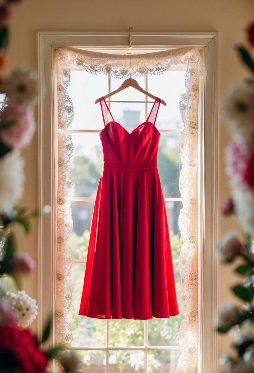 A red tea-length dress hangs on a hanger in a sunlit room, surrounded by delicate lace and floral details