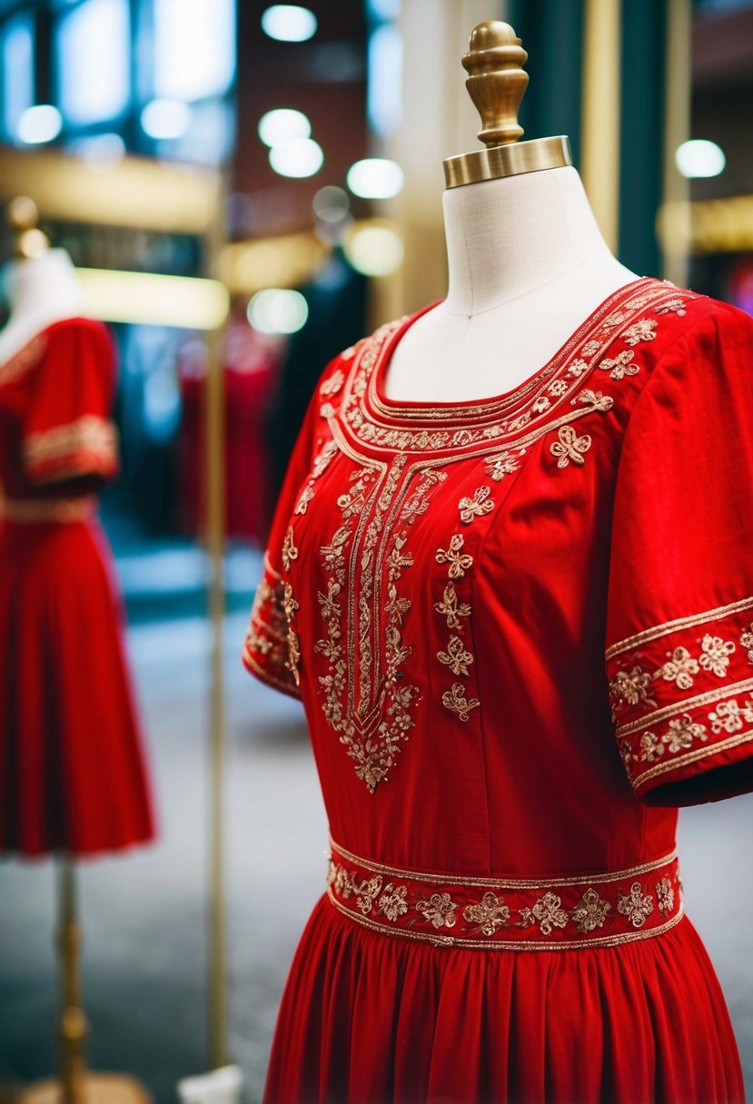 A red dress with intricate embroidery displayed on a mannequin