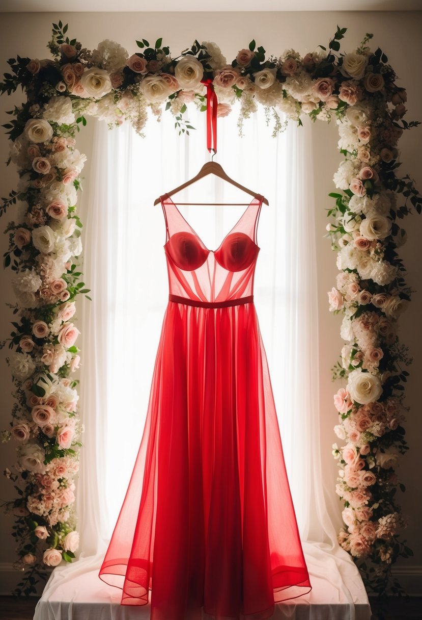 A vibrant red organza dress hangs on a hanger, surrounded by soft lighting and delicate floral accents