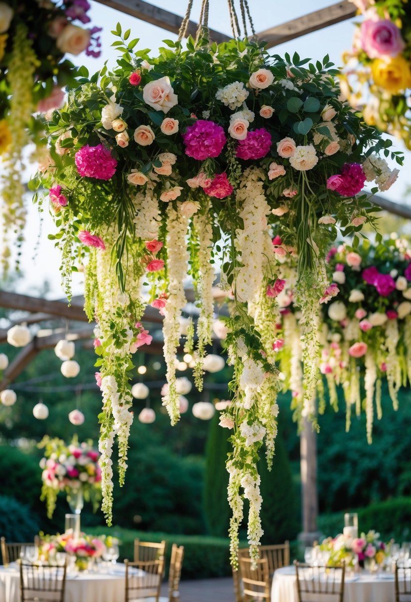 Lush hanging flower installations adorn a garden wedding, with vibrant blooms cascading from above