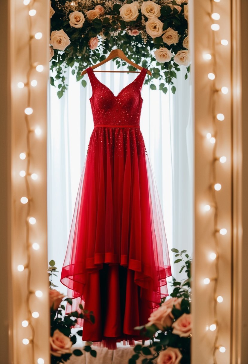 A red dress with tulle overlay hangs on a mannequin, surrounded by glittering fairy lights and blooming roses