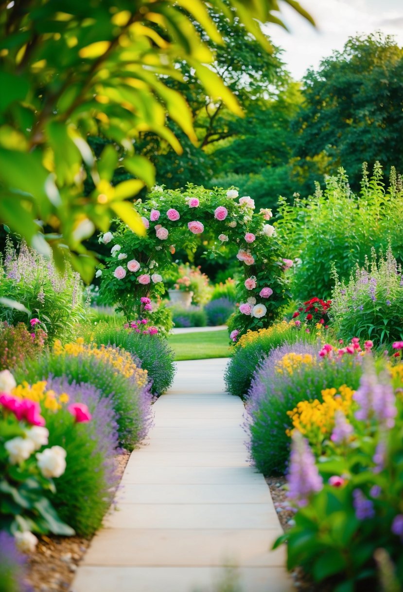 Lush garden pathways winding through vibrant flowers and greenery, creating a serene and enchanting setting for a wedding