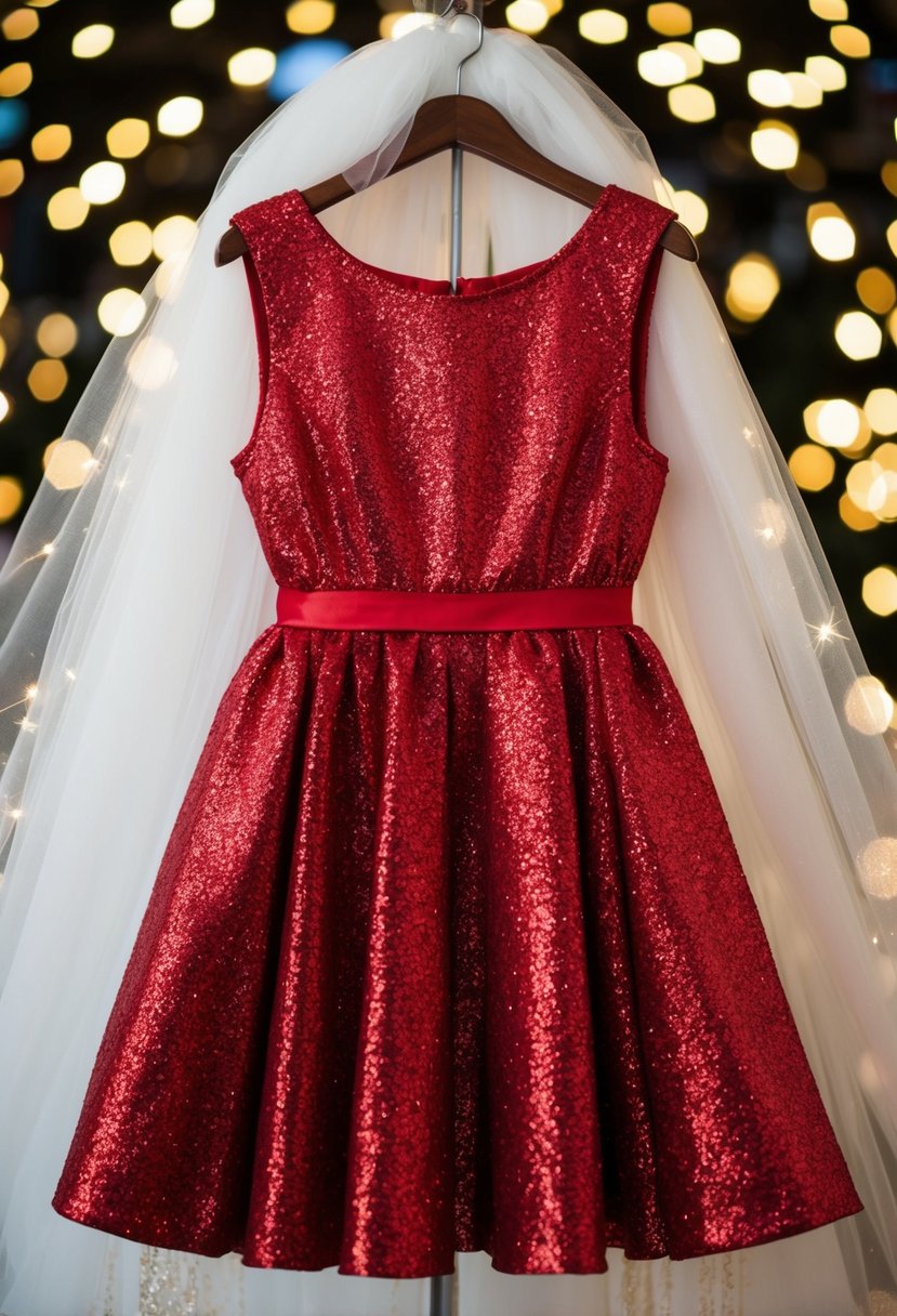 A red glitter dress hanging on a hanger, surrounded by sparkles and tulle