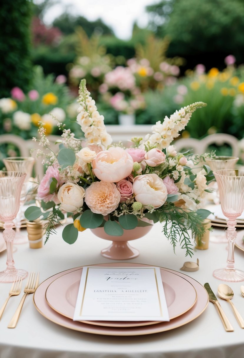 A garden scene with elegant pastel stationery, featuring floral arrangements and romantic decor for a wedding