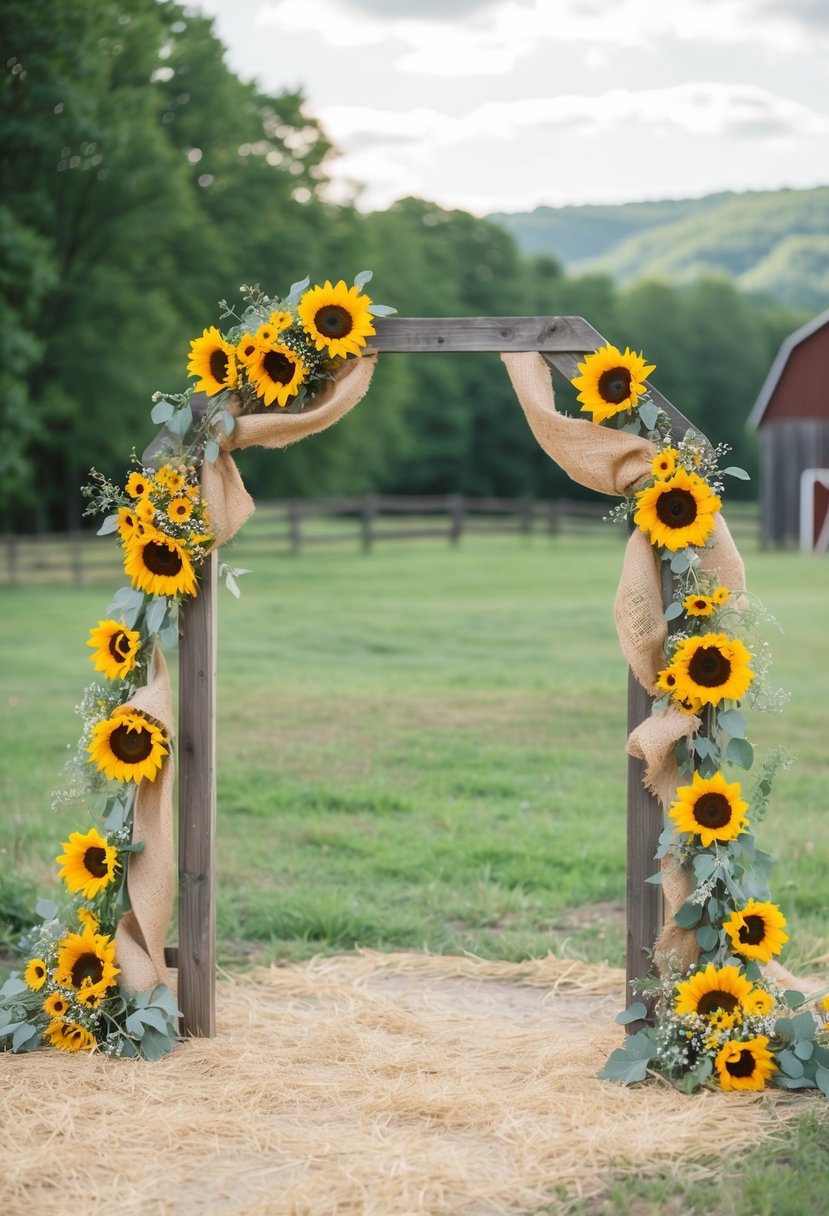 A rustic barn setting with sunflower yellow, dusty rose, and sage green accents. A wooden arch adorned with wildflowers and burlap details