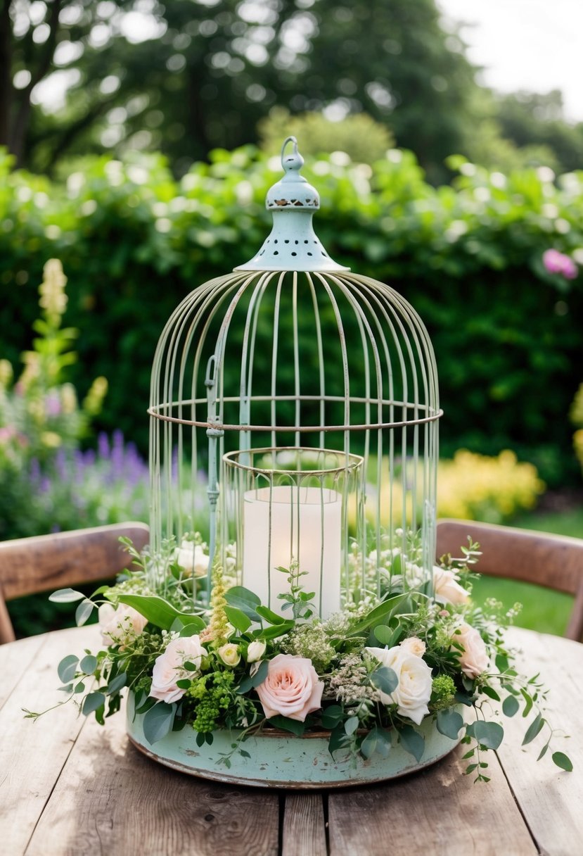 A vintage birdcage centerpiece adorned with flowers and greenery sits on a rustic wooden table in the midst of a lush garden