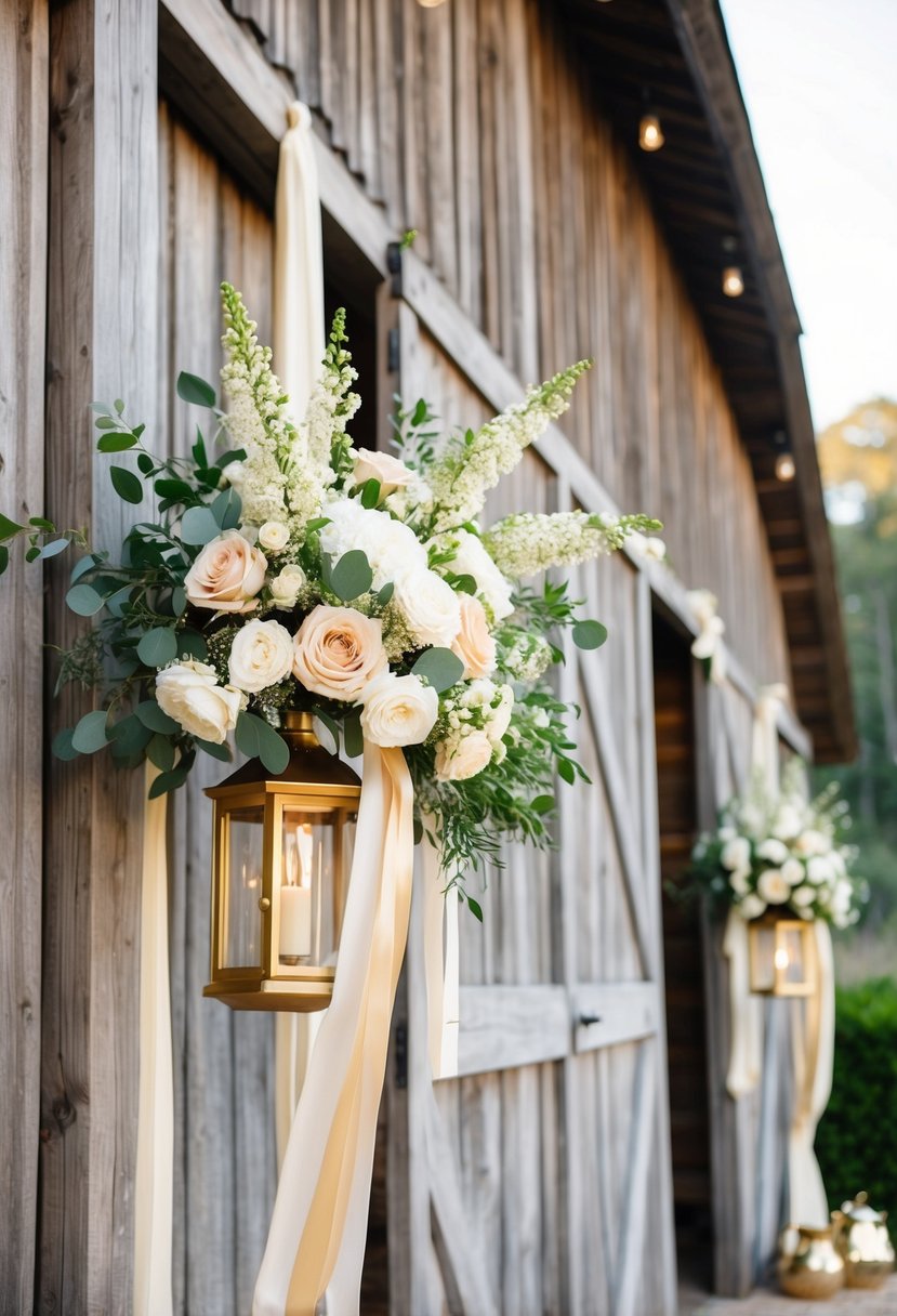 A rustic barn adorned with ivory and champagne flowers, accented with gold lanterns and ribbons