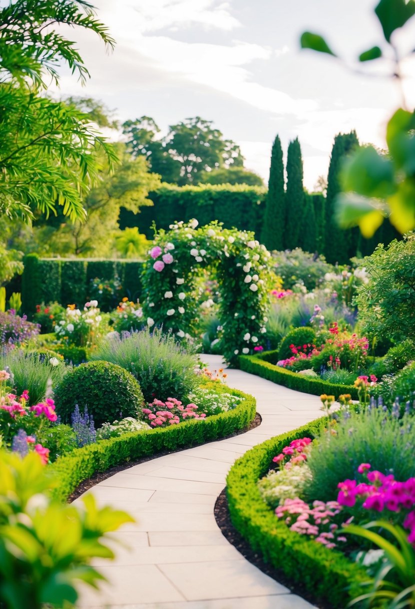 A vibrant garden with lush greenery, blooming flowers, and winding pathways creates a picturesque backdrop for a romantic wedding