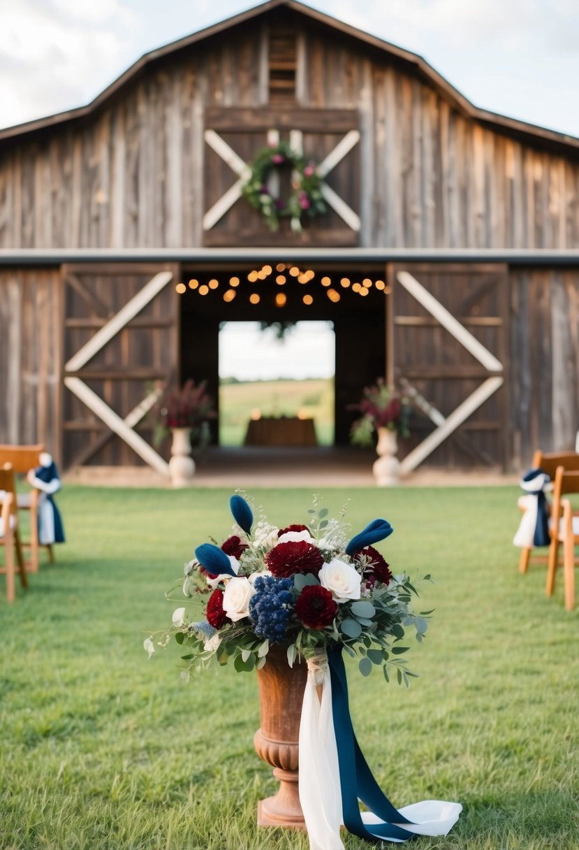 A rustic barn adorned with burgundy and navy blue flowers and decor for a western wedding