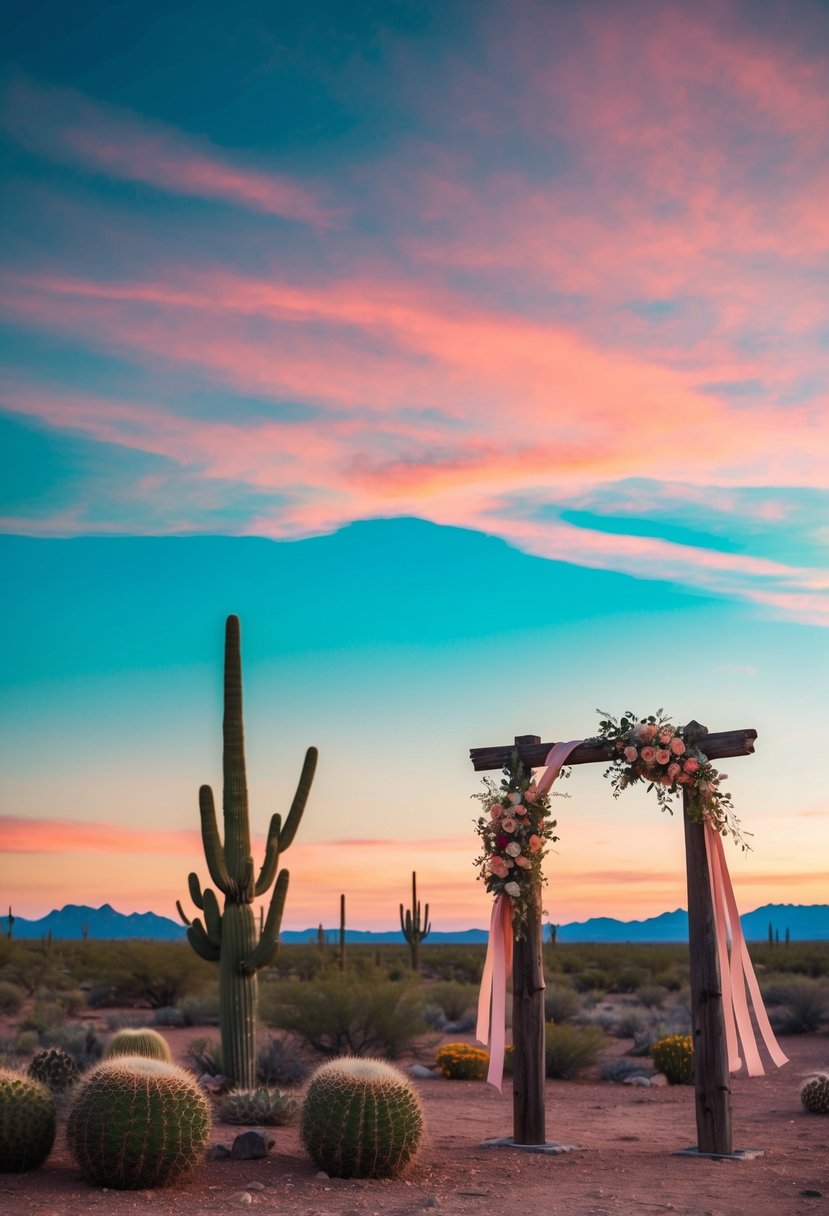 A turquoise and coral sunset over a western landscape with cacti and a rustic wooden archway adorned with flowers and ribbons