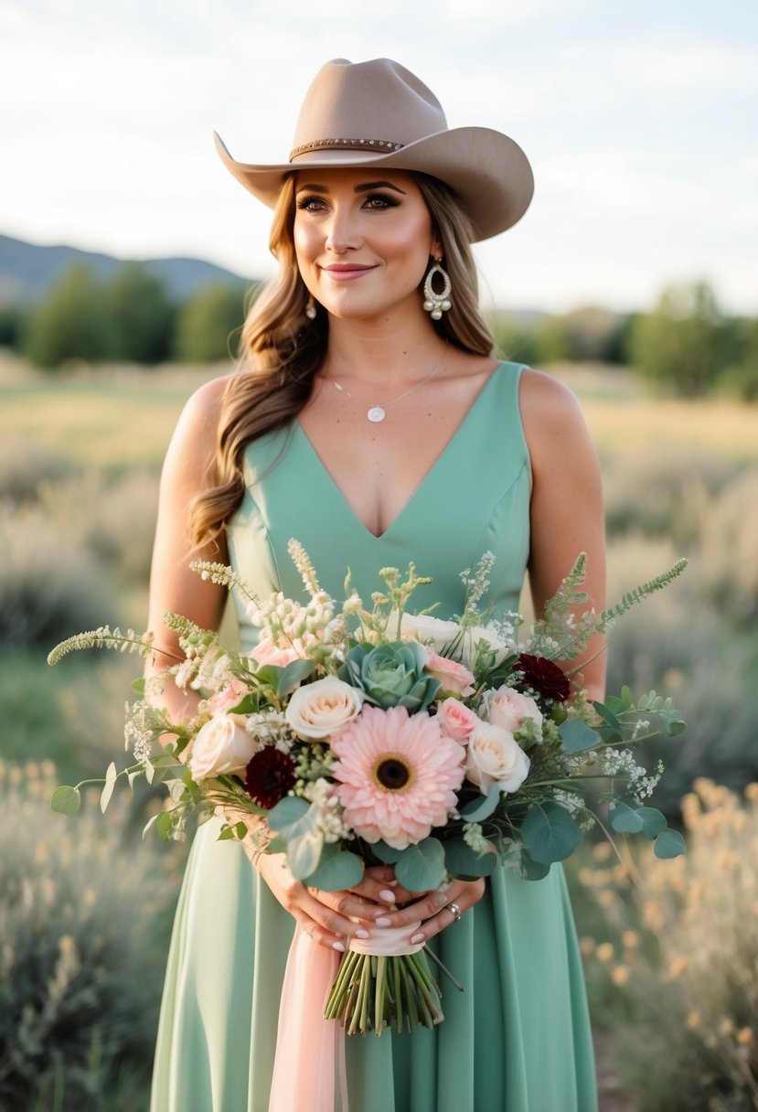 A sage green and blush pink western wedding with rustic decor and wildflower bouquets