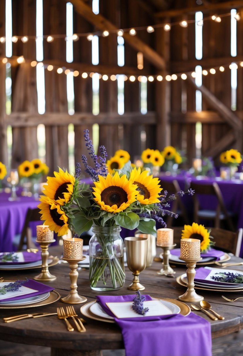 A rustic barn setting with purple and gold accents. Sunflowers and lavender decorate the space, with gold candle holders and purple table linens