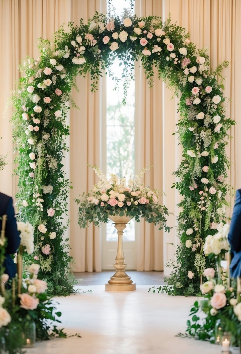 A cascading floral archway frames the altar, adorned with lush greenery and blooms in a soft, romantic color palette