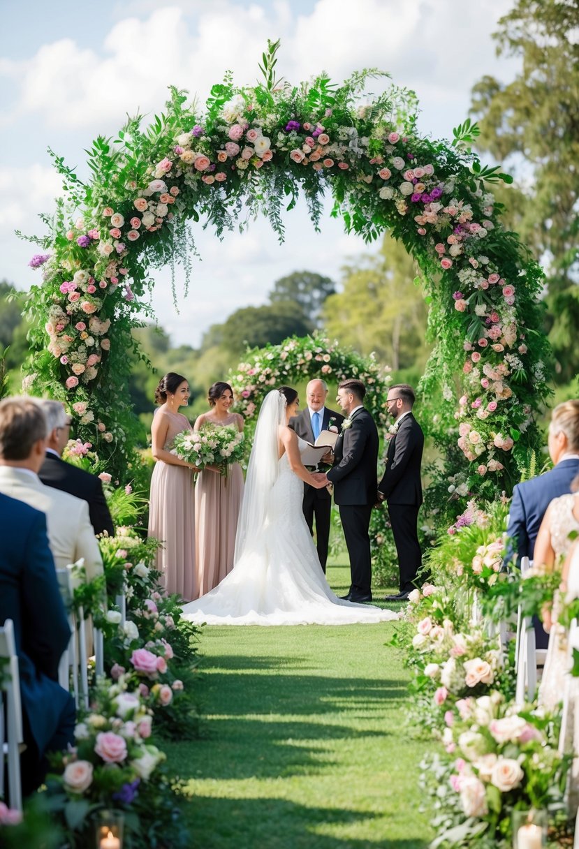 Lush floral arches frame a wedding ceremony, overflowing with vibrant blooms and foliage in a stunning display of natural beauty