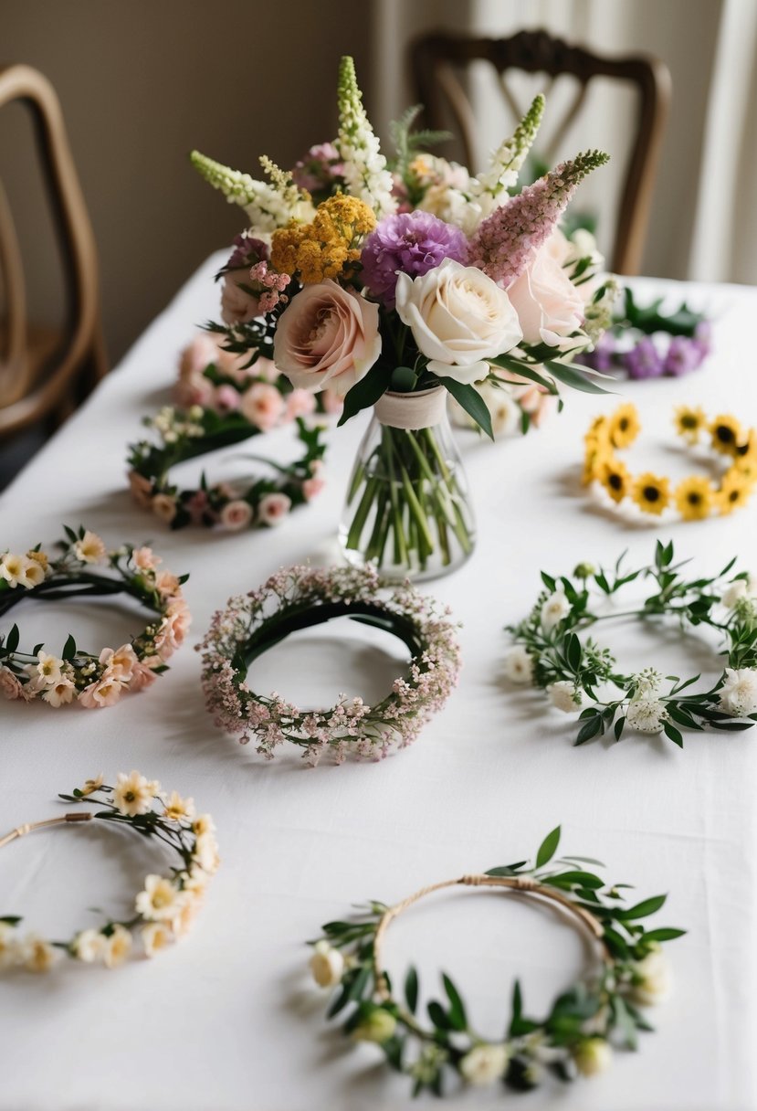 A table adorned with delicate flower crowns in various colors and styles, arranged in an elegant and romantic display