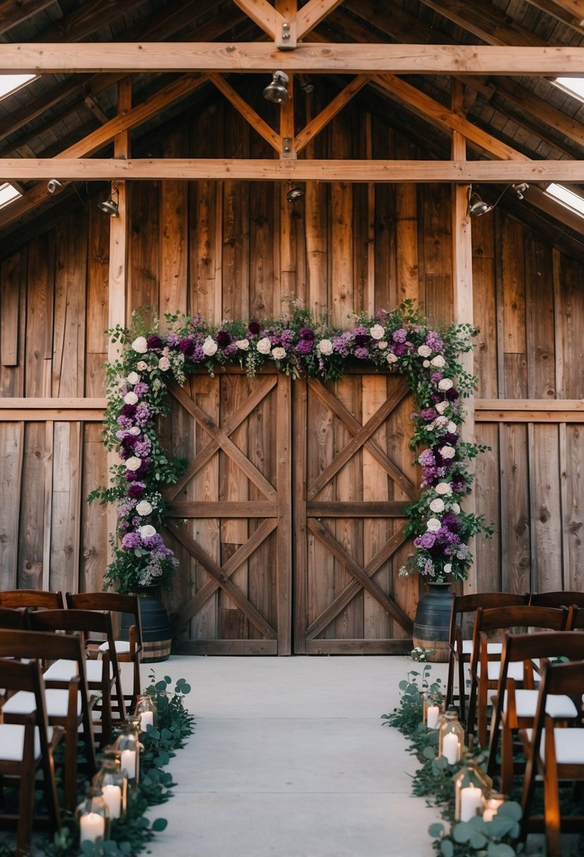 A rustic barn adorned with plum, lilac, and forest green decor for a western wedding