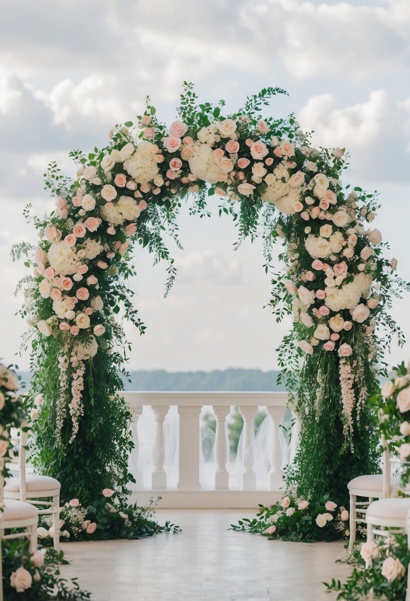 A grand wedding arch adorned with cascading bouquets of roses, peonies, and greenery, creating a stunning floral display