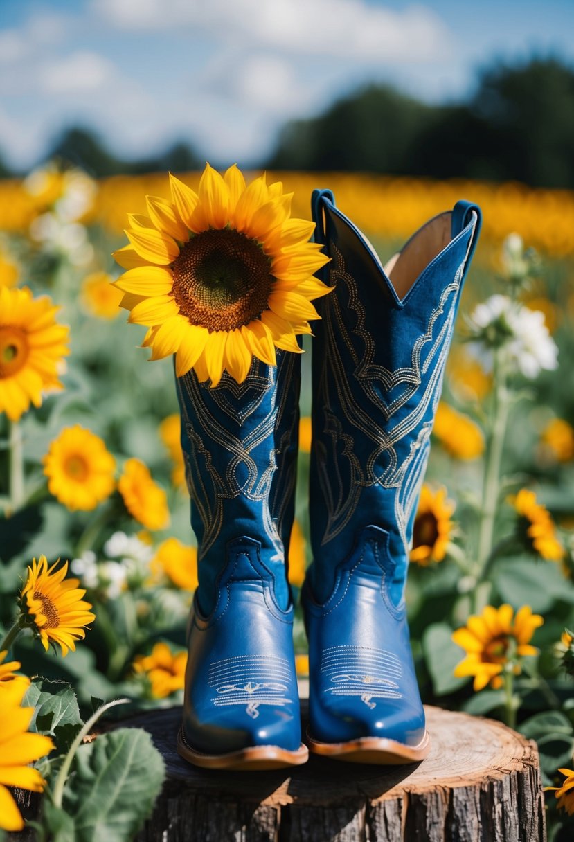 A sunflower yellow and denim blue western wedding scene with wildflowers and cowboy boots