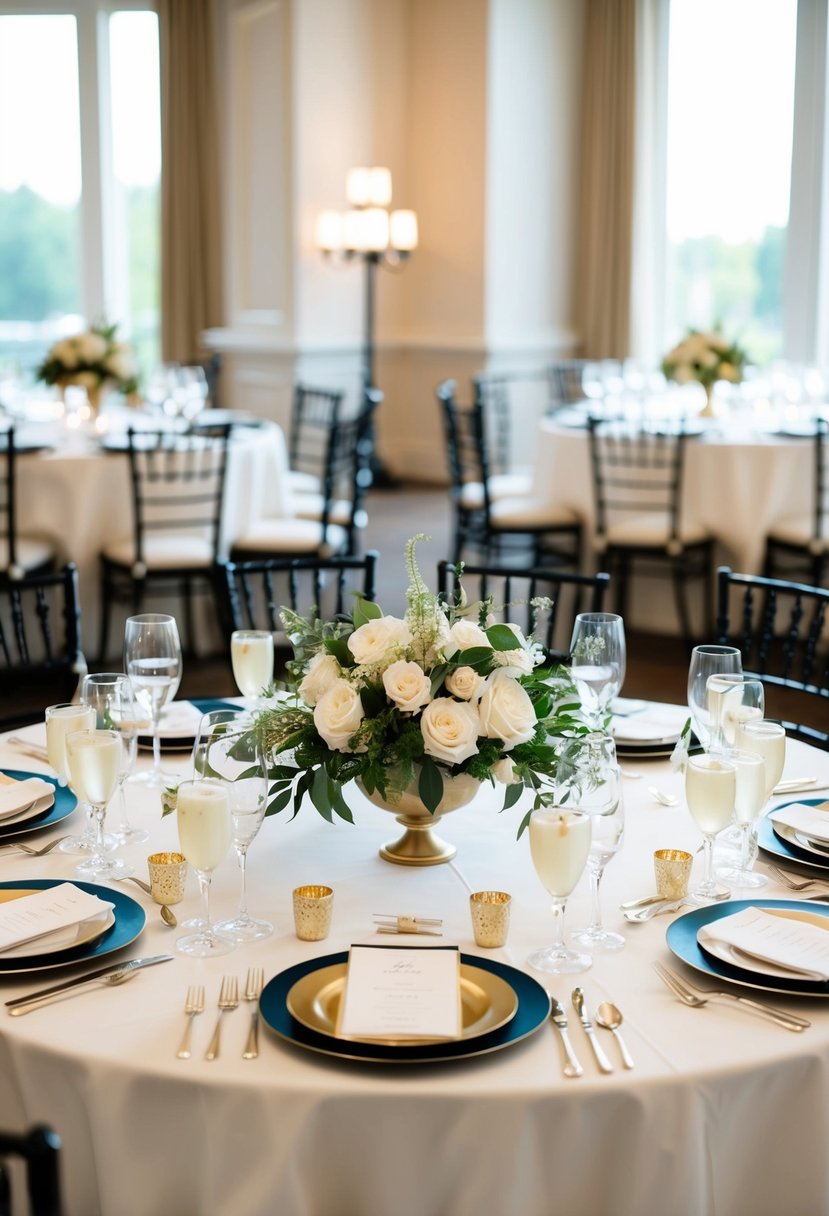 A beautifully decorated wedding table with elegant centerpieces and place settings arranged in a symmetrical layout