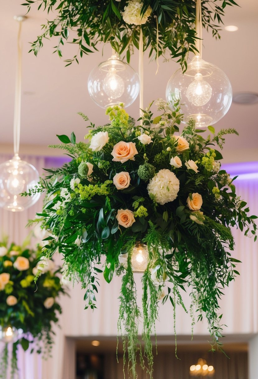 Lush greenery and vibrant flowers cascade from suspended glass orbs, creating an ethereal and enchanting atmosphere for a wedding reception