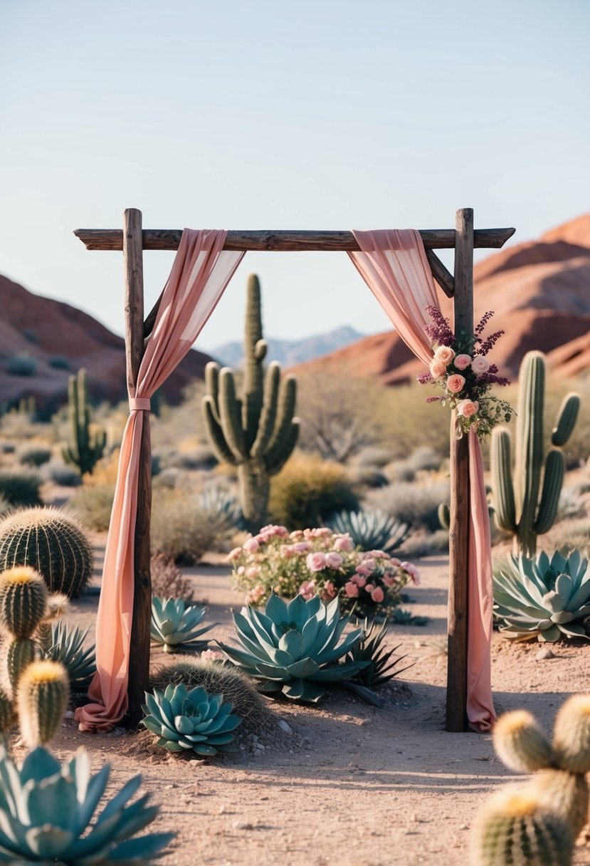 A desert landscape with terracotta and dusty rose cacti, succulents, and wildflowers. A rustic wooden arch adorned with fabric in the same colors