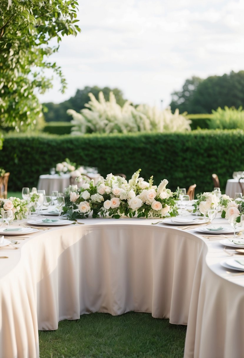 A garden wedding reception with curved tables adorned with elegant floral centerpieces and delicate table settings