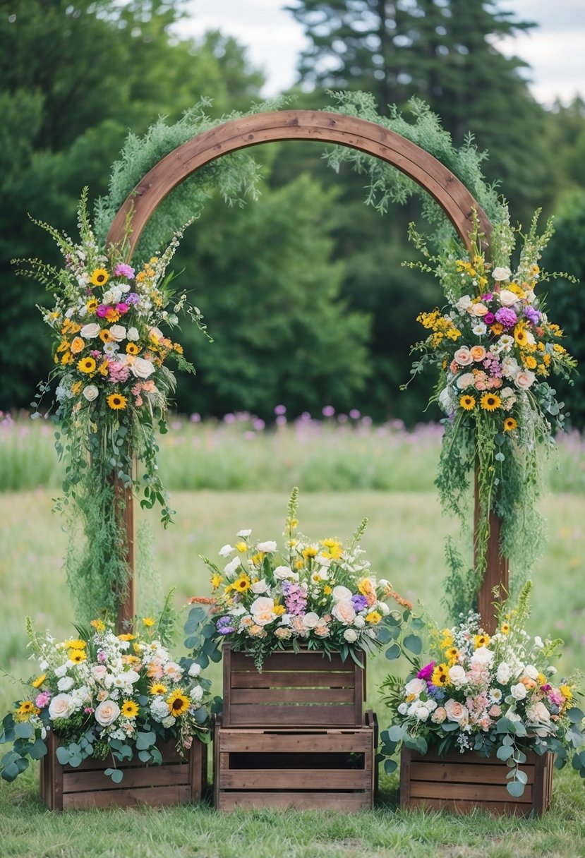 A wooden arch adorned with colorful wildflowers and greenery, surrounded by rustic wooden crates filled with overflowing bouquets and floral arrangements