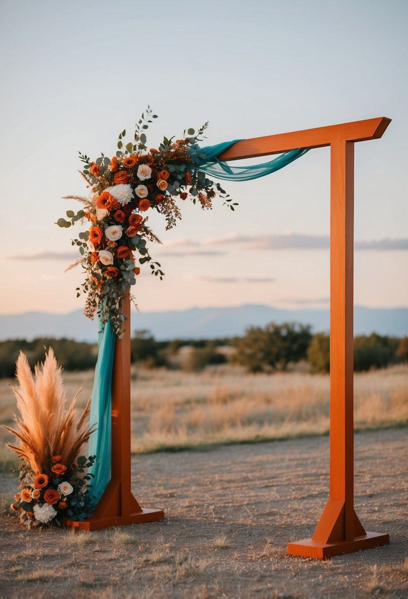 A burnt orange and teal western wedding arch with rustic floral decor