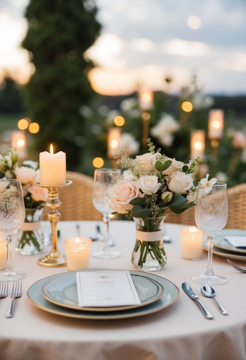 A small, elegantly decorated table set for two, surrounded by soft candlelight and floral arrangements