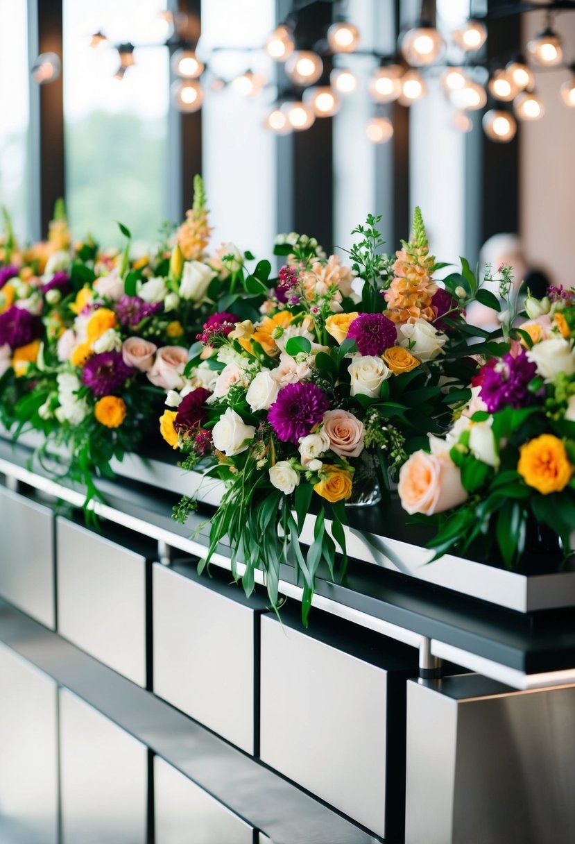 A lush, colorful array of wedding floral arrangements arranged on a sleek, modern bar station