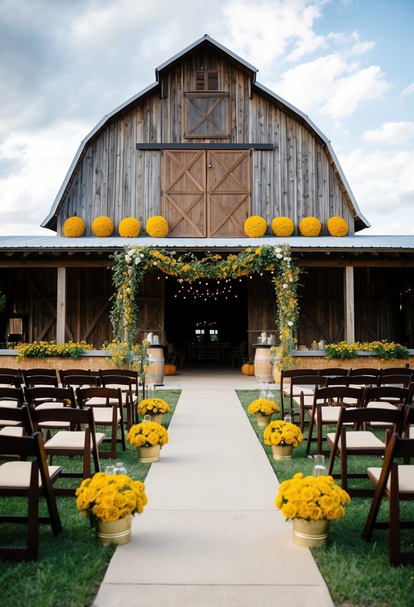 A rustic barn adorned with mustard and mulberry accents for a western wedding