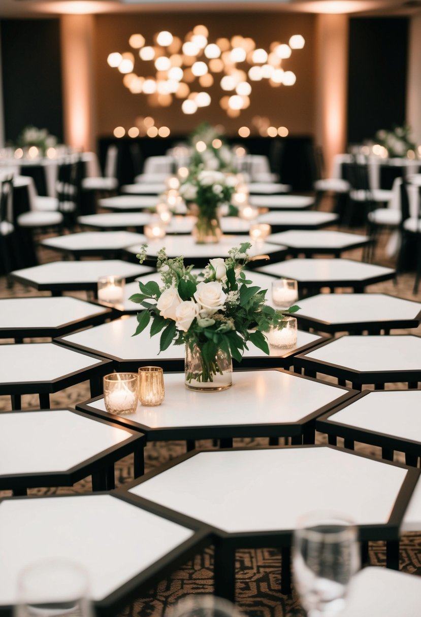 Interconnected hexagonal tables arranged in a modern wedding layout